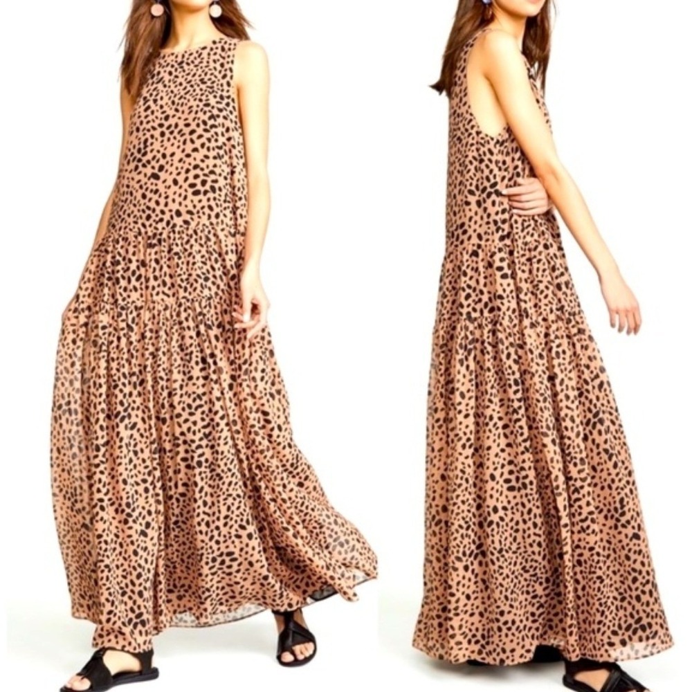 Fame and Partners Feline Spot Tan Leopard Print Tiered Maxi Dress Size 10 NEW